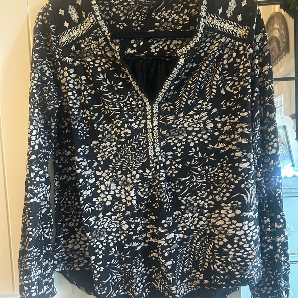 Lucky Brand Black and White Floral BoHo Blouse